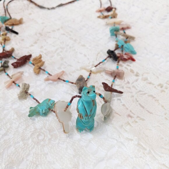 Vintage Two-Strand Turquoise MOP Navajo Indian Fetish Necklace - Picture 13 of 15